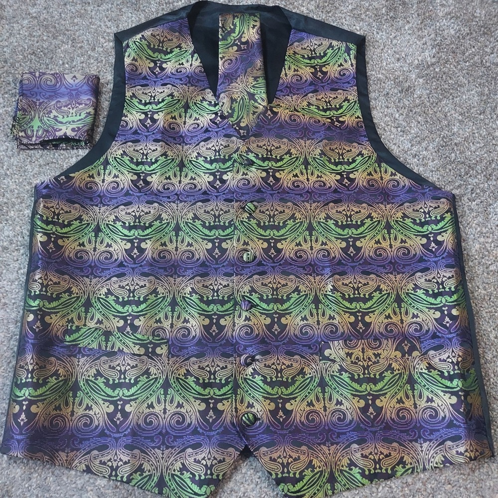 Barry Wang Mens Purple Green Paisley Silk Vest Tie Pocket Square Set Large - Picture 9 of 9